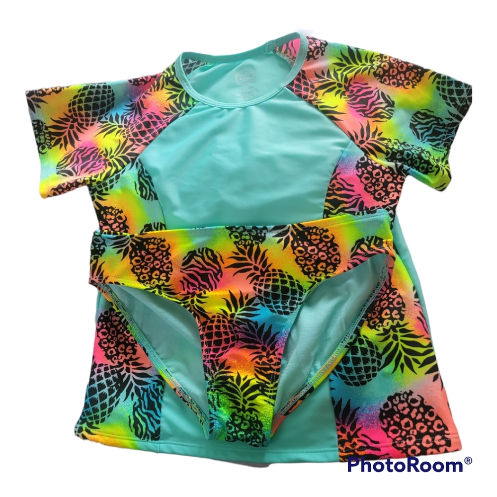 Wondernation, two piece, swimsuit, Girls size L 10-12, multicolored, pineapple